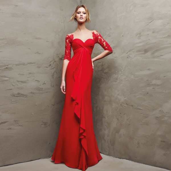 Κομψή δαντέλα και-σιφόν-μισό μανίκια-κόκκινο-βράδυ-φόρεμα-2015