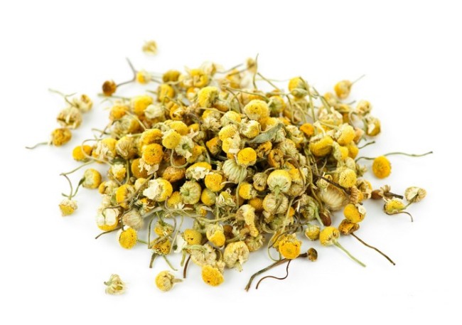 Pile of medicinal yellow chamomile herb buds on white background